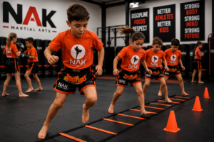 Kids doing agility drills or ladder work.